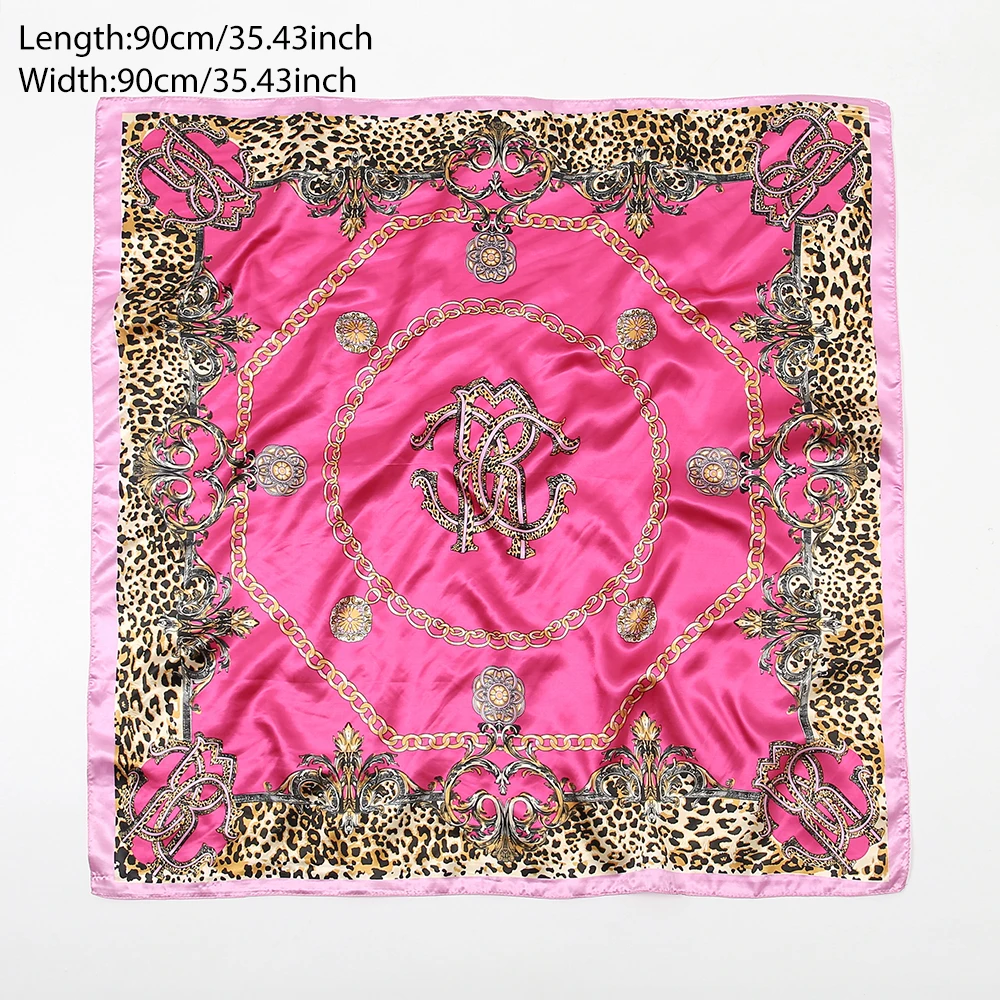 Square Satin Silk Scarf Leopard Chain Printed Hijab Turban For Women Muslim Casual Bandana Ladies Fashion Headband 90*90cm