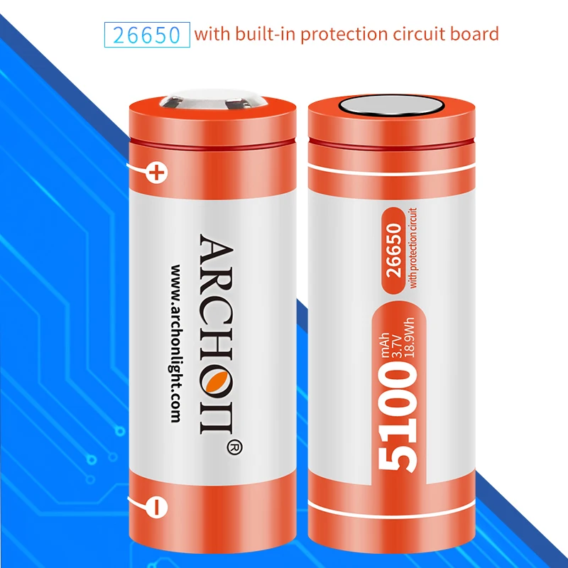 ARCHON original 26650 lithium battery 5100mAh 3.7V EU US plug 26650 charger flashlight Rechargeable battery Authentic battery