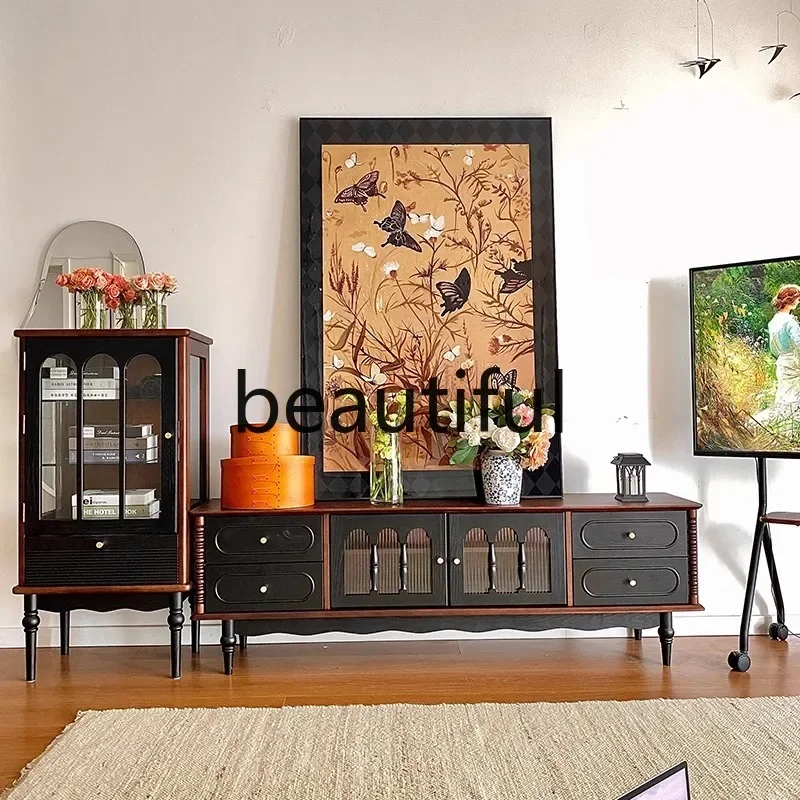 French retro solid wood TV living room audio-visual cabinet floor storage TV cabinet d1089
