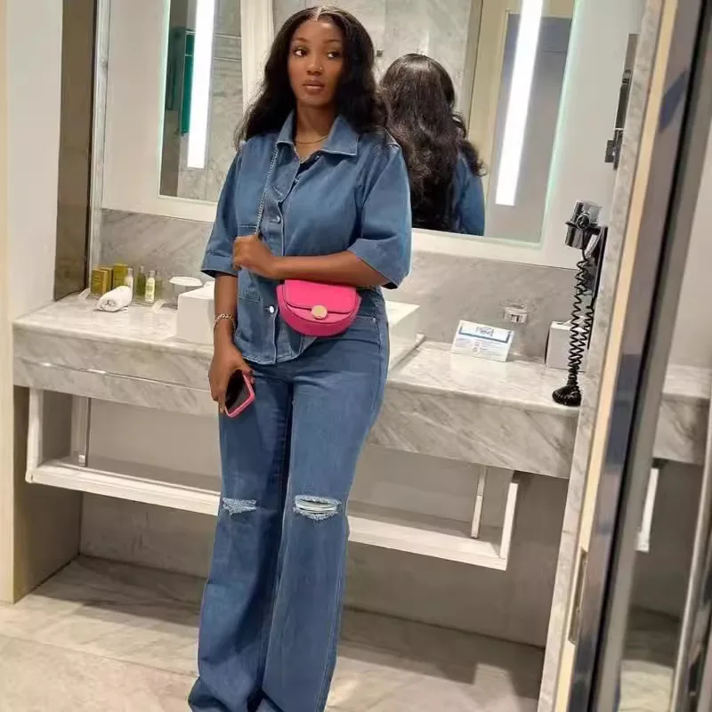 بدلة معطف الدنيم النساء 2 قطعة مجموعات سترة ملابس خمر ثقب السراويل المتعثرة زر جيوب بنطلون فرقة 2025 الشارع الشهير