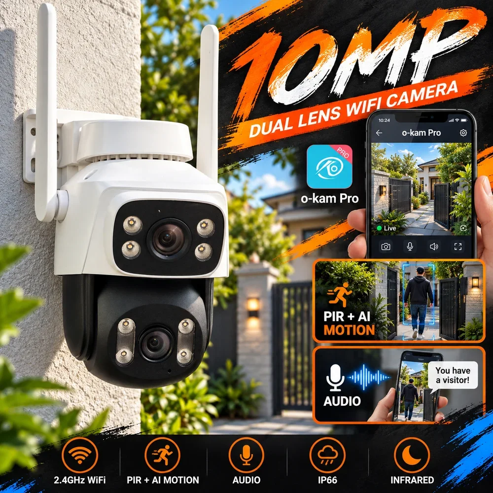 `8MP 4K Dual Lens PTZ Security Camera Outdoor WiFi Dual Screen AI Auto Tracking Two Way Audio CCTV Home Surveillance`