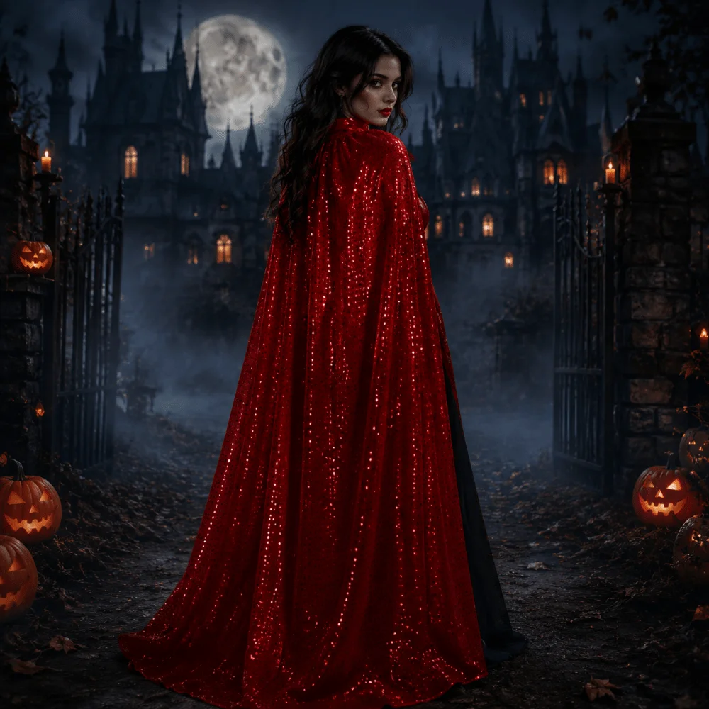 Soft Long Shiny Sequin Cape Vintage Fantasy Halloween Cosplay Robe Stand Collar Lightweight Shiny Cloak Festival