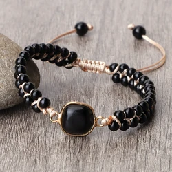 4MM Black Onyx Braided Bracelet Fashion Obsidian Pendant Handmade Adjustable Women Wrist Bangle Buddhist Men Prayer Jewelry Gift