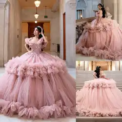 New Arrival Ball Gown Wedding Dresses Pink Sequins Ruffles Bridal Gown Wedding Dresses Sweep Train Vestido De Noiva Customized