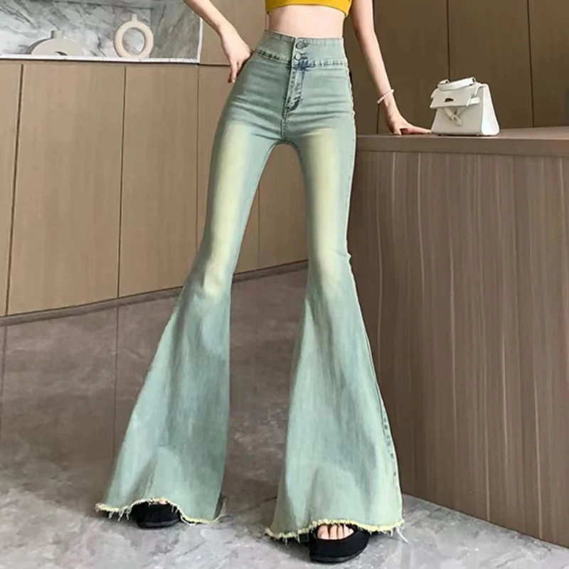 Y2K Vintage Raw Edge Flare Jeans Women Korean High Waist Slim Denim Pants Solid Hip Hop Streetwear All Match Wide Leg Trousers