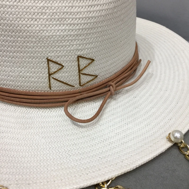 2021 new arrival straw hat for women with chains shells pearls white panama hat sun hat in summer