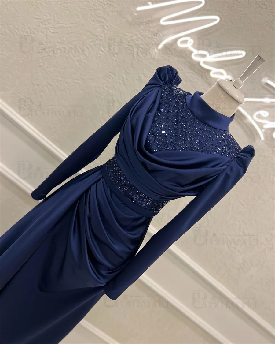 Fashion Hijab Long Sleeve Muslim Evening Dresses Woman Elegant Satin Sequin High Neck Arabic Islamic Formal Dress A Line Gown