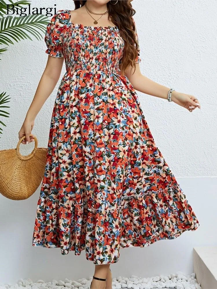 Plus Size Summer Boho Floral Beach Dress Women Elegant Slim Laides Dresses 3xl 4xl Fashion Long Woman Dress 2023 Vestido Mjuer