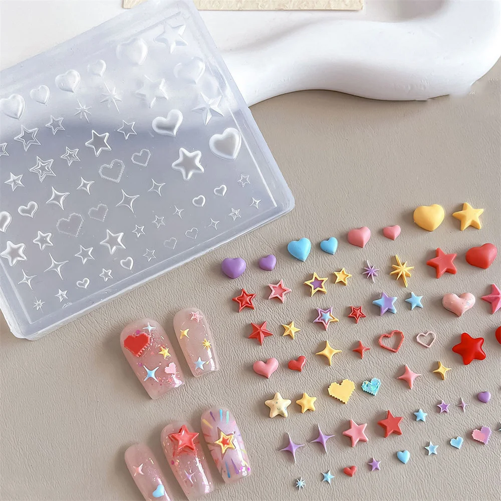 

1Pc 3D Kawaii Heart Star Pentagram Silicone Nail Mold Transparent DIY Nail Art Decoration Template for Nail Charm Carving Mold