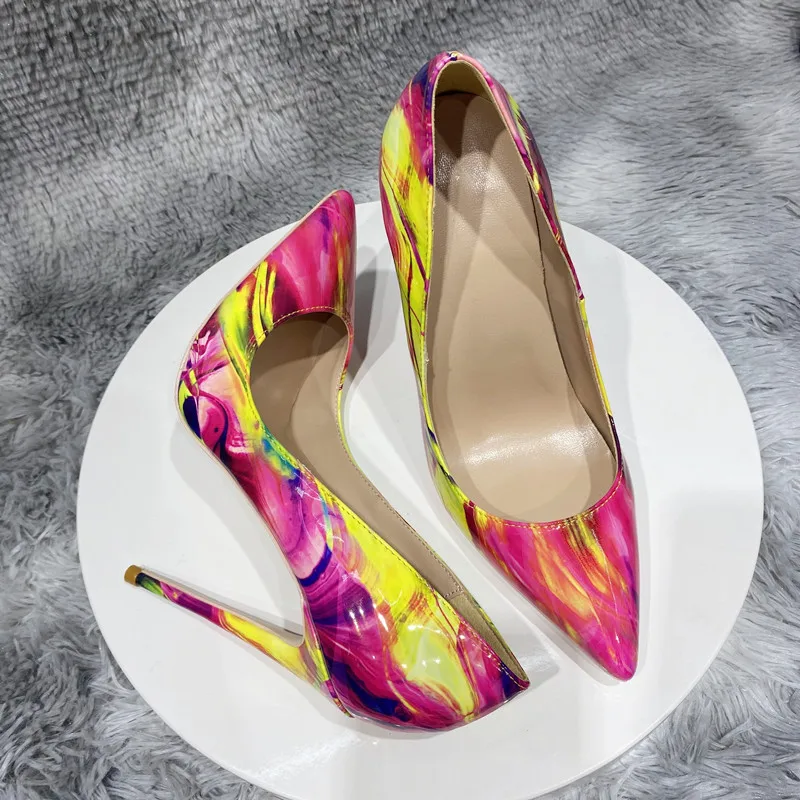 Tikicup Floral Print Women Colorful Pointy Toe High Heel Shoes 80 100 120 Spanish Style Sexy Stiletto Pumps Plus Size 33-45