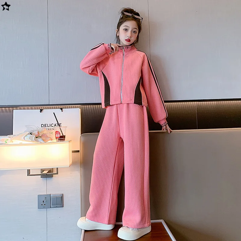 

School Girl Two-piece Tracksuit Autumn Patchwork Zipper Coat+Elastic Waist Straight-leg Pant 4-14Y Girls Sets Children Girl Suit
