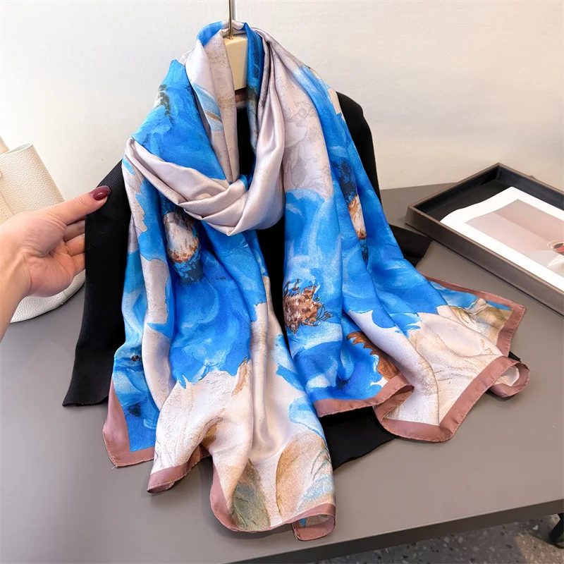 Spring and summer thin print imitation silk brocade sunscreen light blue flower silk scarf long scarf shawl versatile headscarf