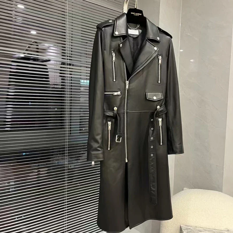 

Import sheepskin coat high quality women's clothes spring long length locomotive model style jacket with belt