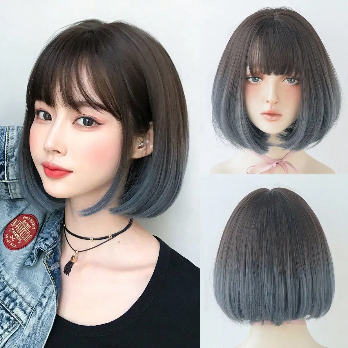 

Короткий прямой парик Ombre Misty Blue Bob с темными корнями, термостойкие синтетические пушистые парики боб высокой плотности для женщин 11,81 дюйма