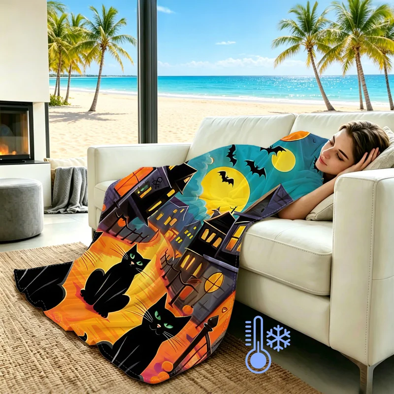 Fashion Halloween Spooky Cooling Blanket Retro Car Spider Castle Pumpkin Skull Print Summer Blanket Cozy Sofa Bedroom Decor Gift