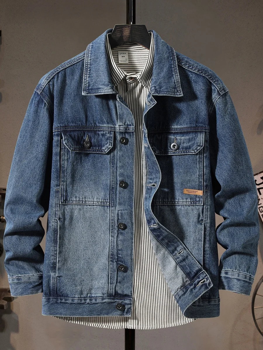 

Classic Blue Denim Jaet Men's Loose Trendy Outdoor Workwear Long Sve Youthful American Casual Outerwear Sli