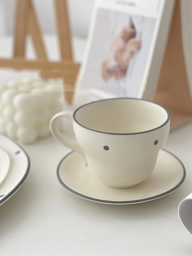 175ml Beige Polka Dot Ceramic Coffee Cup And Plate Set Japanese Frosted Matte Finish Round Dot Milk Cup Saucer Dish Sets