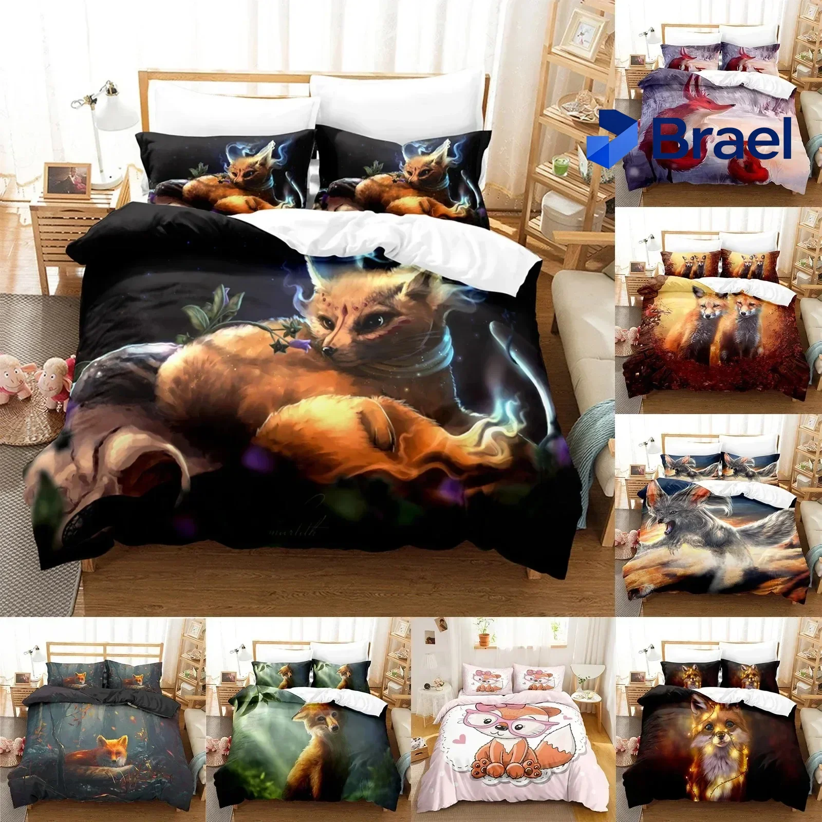 Exquisite Cartoon Fox Bedding Set Cute Fox With Flower Feather Headband Duvet Cover Twin Full Queen King Polyester Duvet Cover G