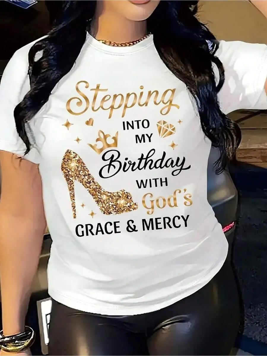 Women's Casual Birthday Graphic Tee Sequin High Heels And Crown Print Crewneck Short Sleeve Elegant Tenderness Aesthetic Birthday Party Oversized Regular Fit Gift Idea