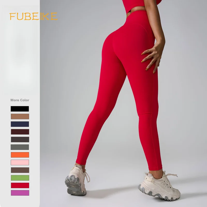 

FUBEIKE Yoga Trousers Fashion Seamless Nude Feel High Waist Peach Pants Running Workout Exercise One-Piece Sports Yoga Trousers