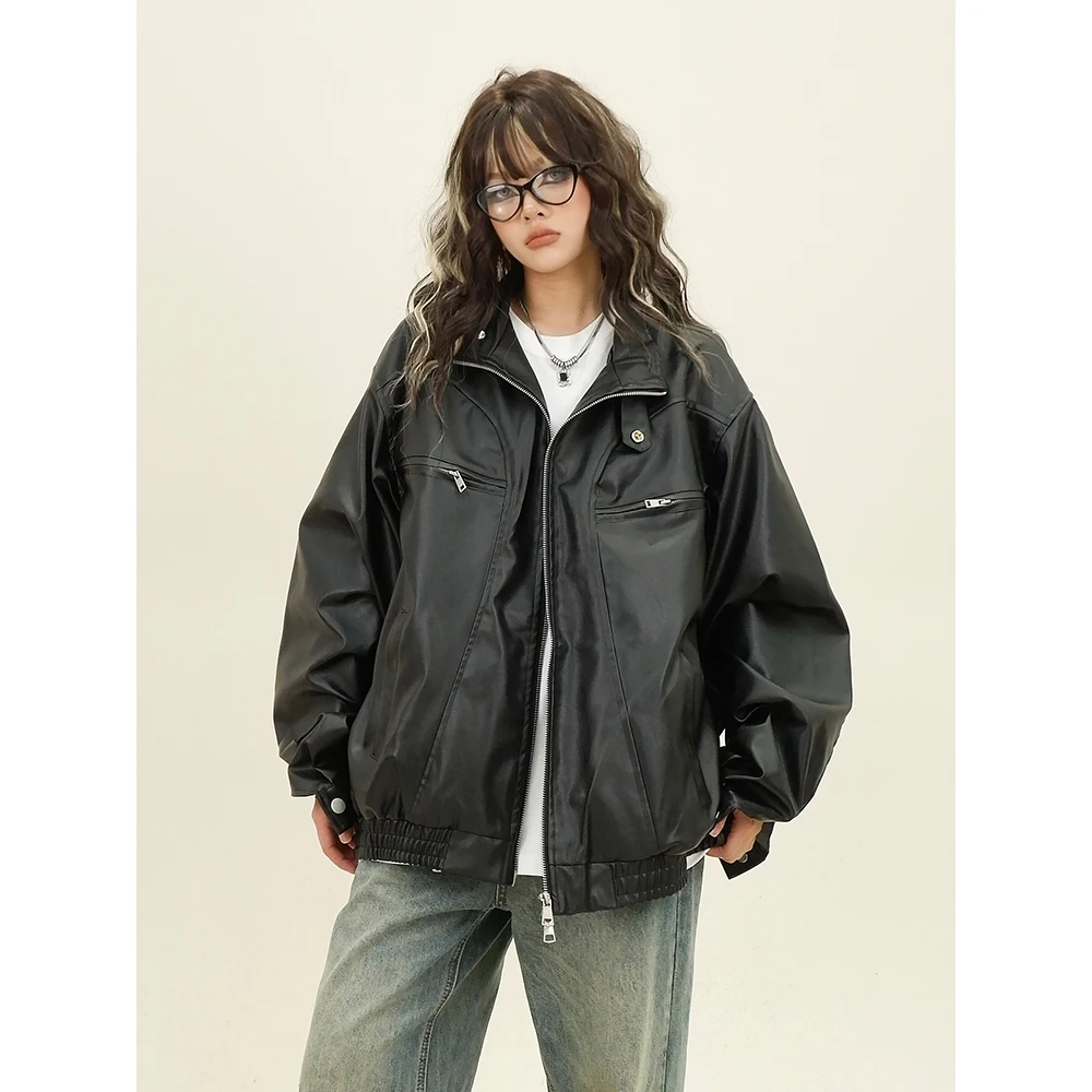 

American Retro Motorcycle Jaet Women's Loose PU Leather Coat Autumn Faion Ci Casual Straight Hem Long Sve Zipper