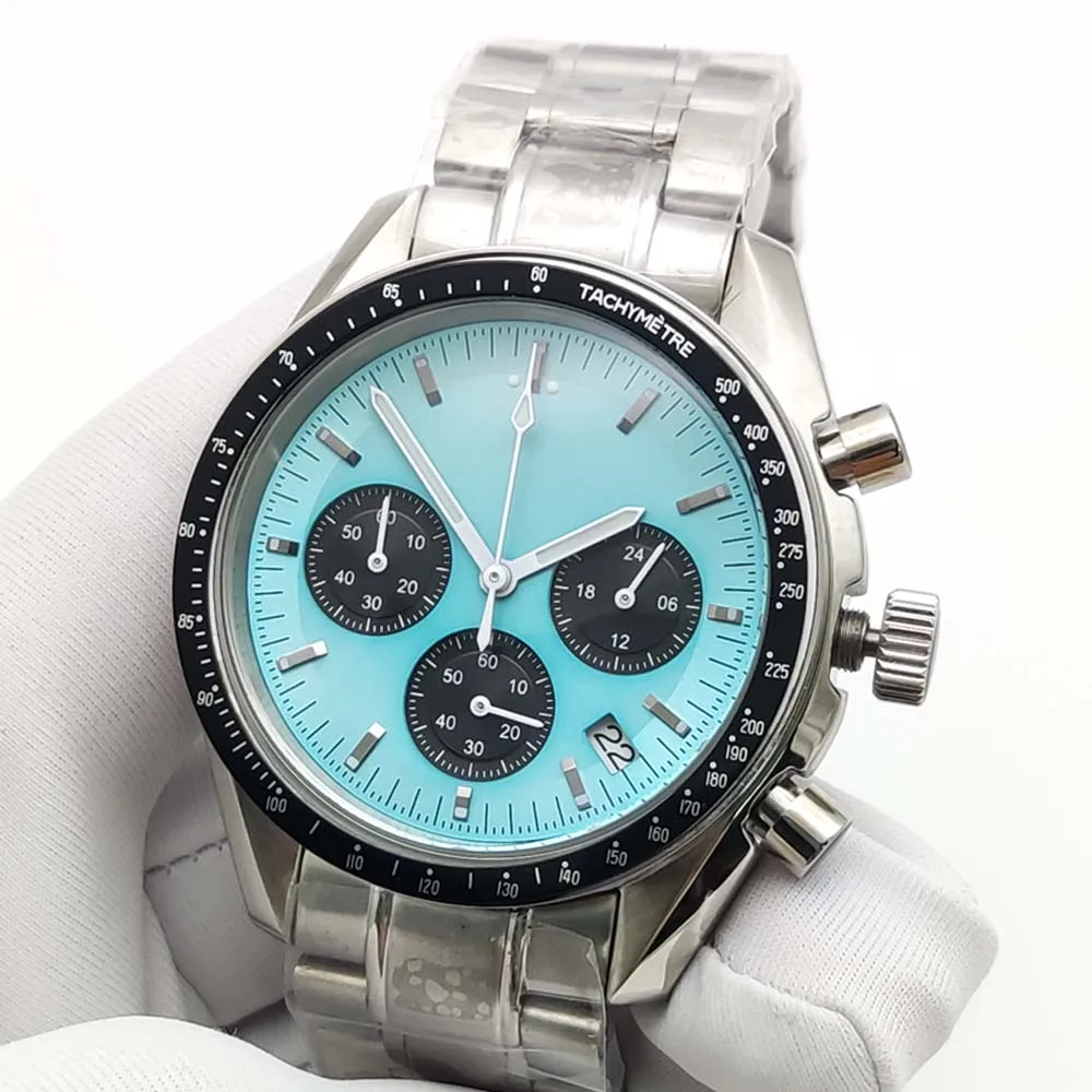 Orologio cronografo sportivo casual da uomo al quarzo da 40 mm, cassa argentata e nera resistente all'acqua in acciaio inossidabile, movimento VK63