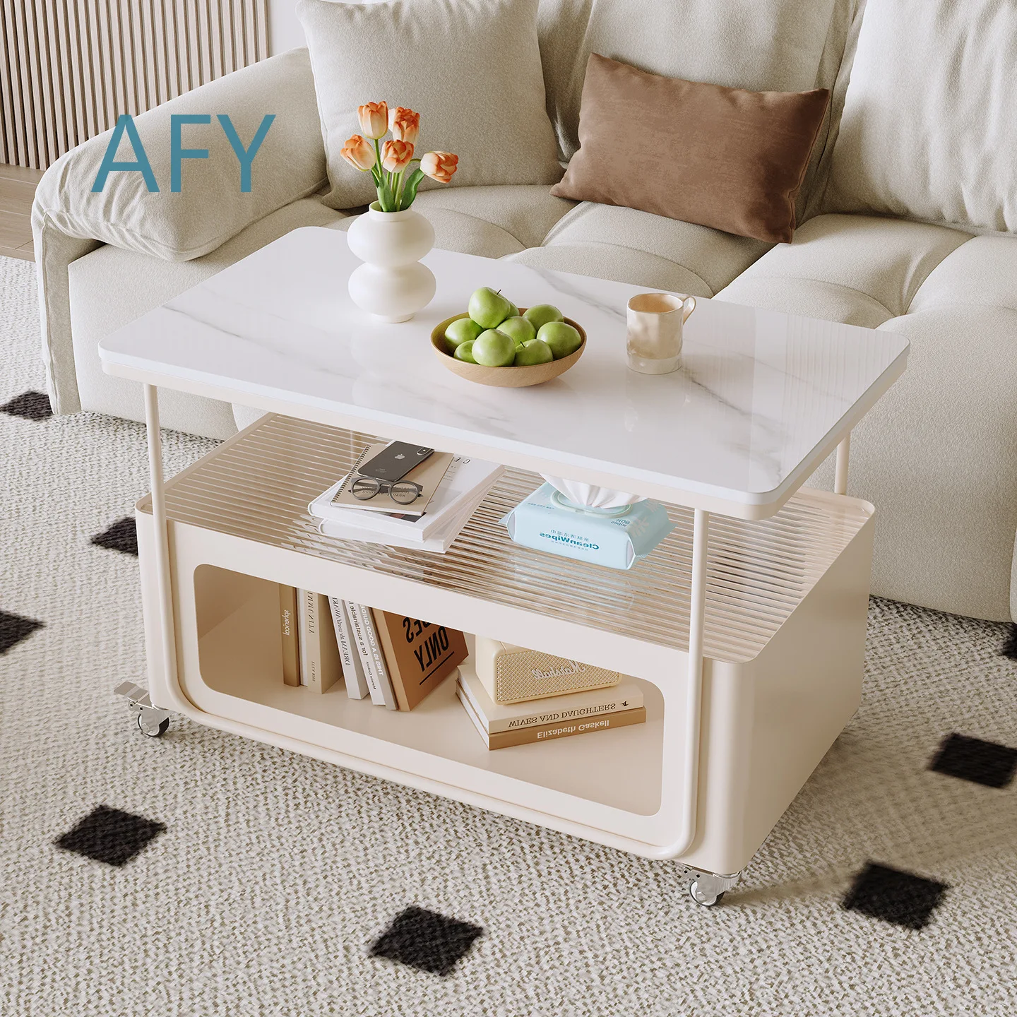 Modern Italian Style Mobile Side Table for Sofa Living Room Rolling Cart Small Coffee Table Storage Corner Shelf End Table