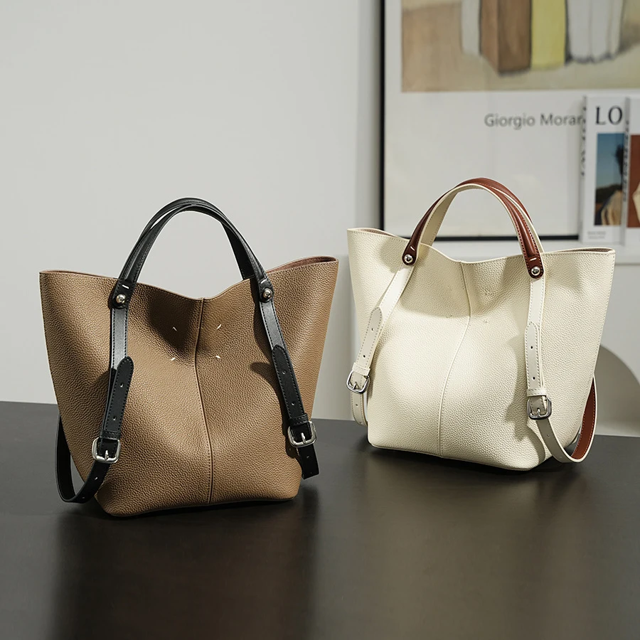 Full Grain Cowhide Tote Bag for Women, Large-Capacity Genuine Leather Handbag for Commuting, Adjustable Shoulder Strap, High-End Bucket Bag