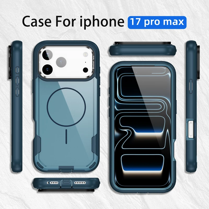 For iPhone 17 Pro Max 17 Air Case Magnetic PC +TPU Frame Anti-knock Cover with Metal Lens Stand For iPhone17