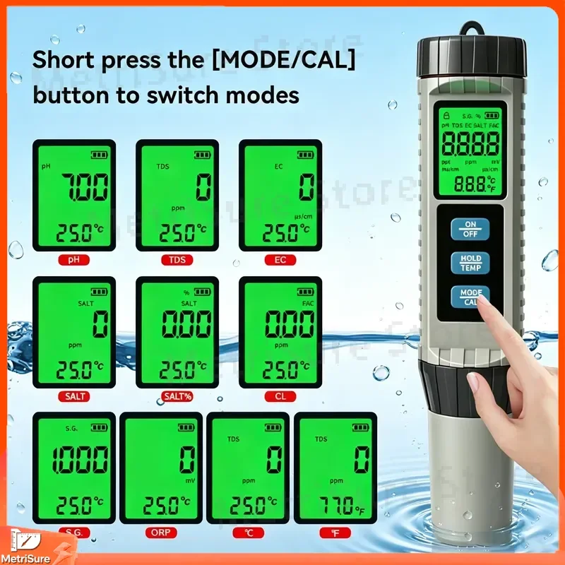 8-in-1 Waterproof Digital Water Quality Tester pH TDS EC Salinity Chlorine ORP Specific Gravity Temperature Meter for