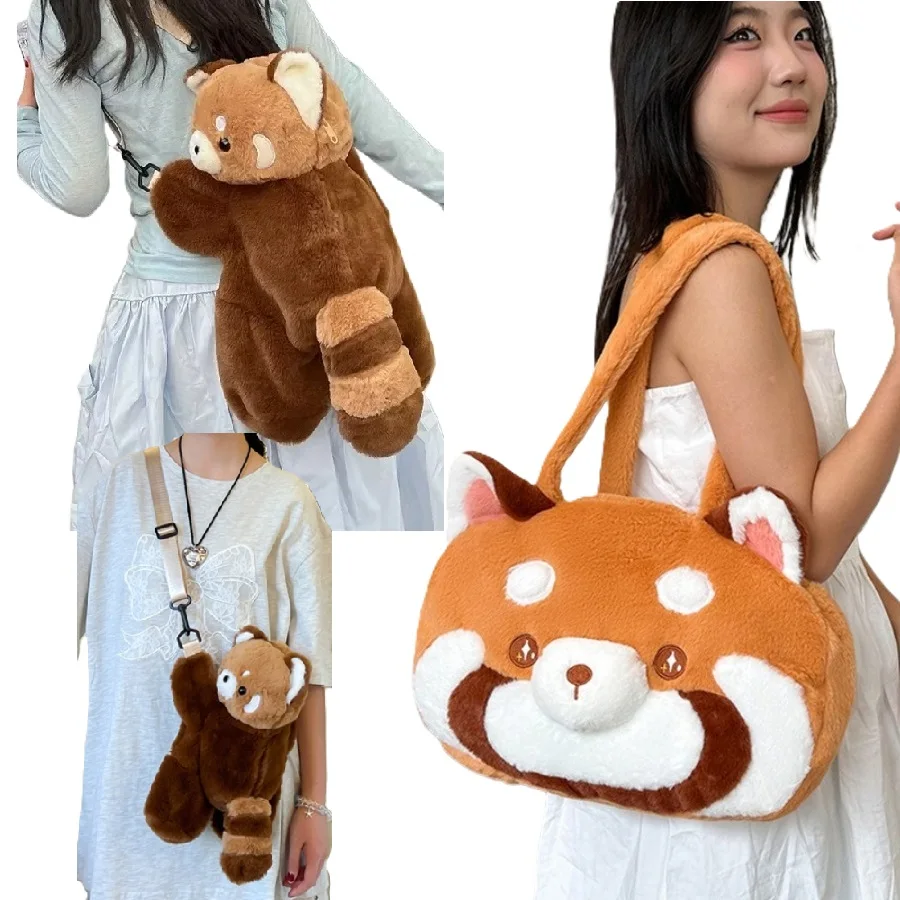 Red Panda Plush Bag Lovely Backpack Large Capacity Animal Shoulder Bag Cute Stuffed Doll Soft Red Panda Handbag for Travel