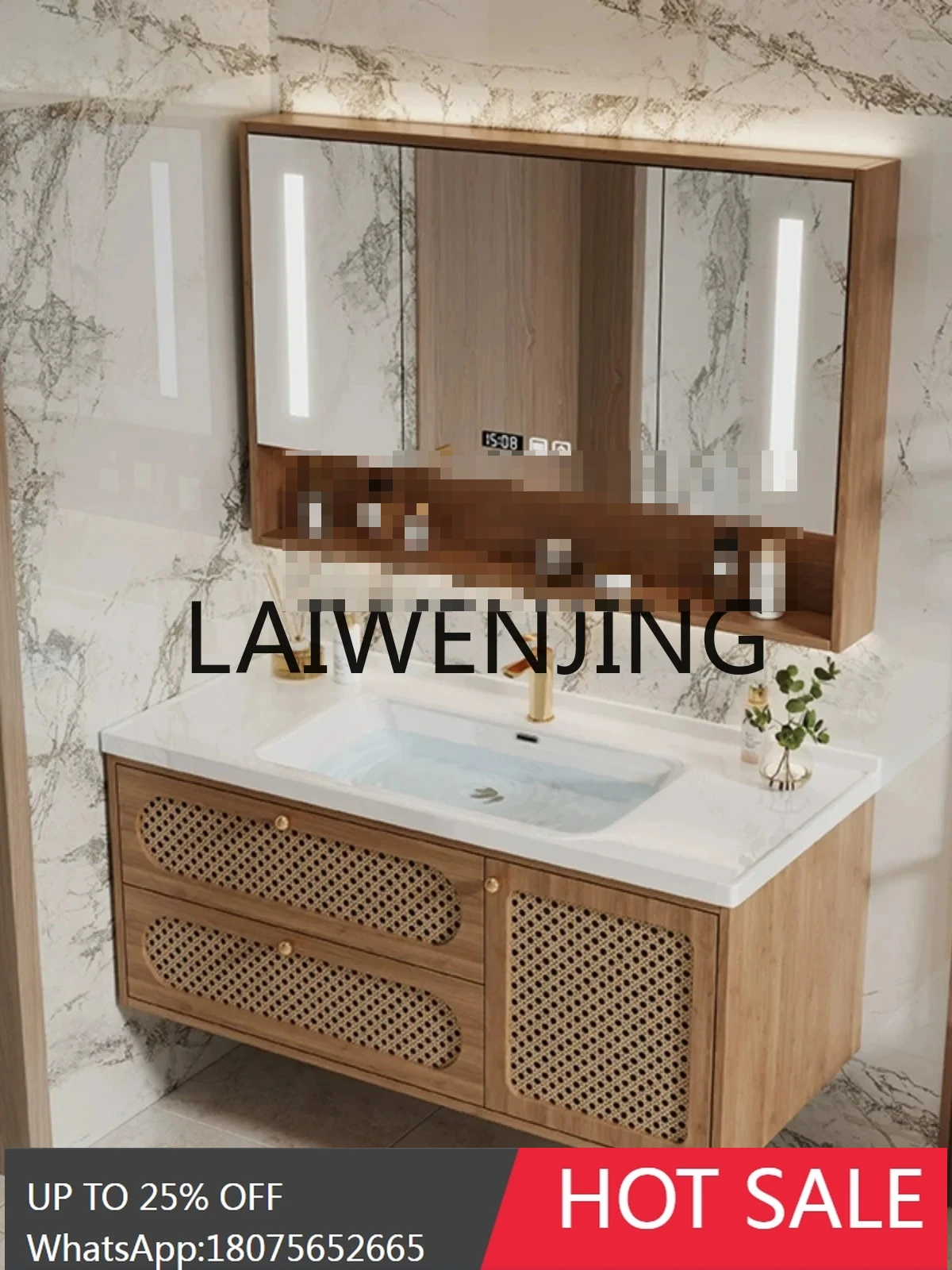 

Log wind rattan bathroom cabinet integrated ceramic basin combination toilet cabinet washstand
