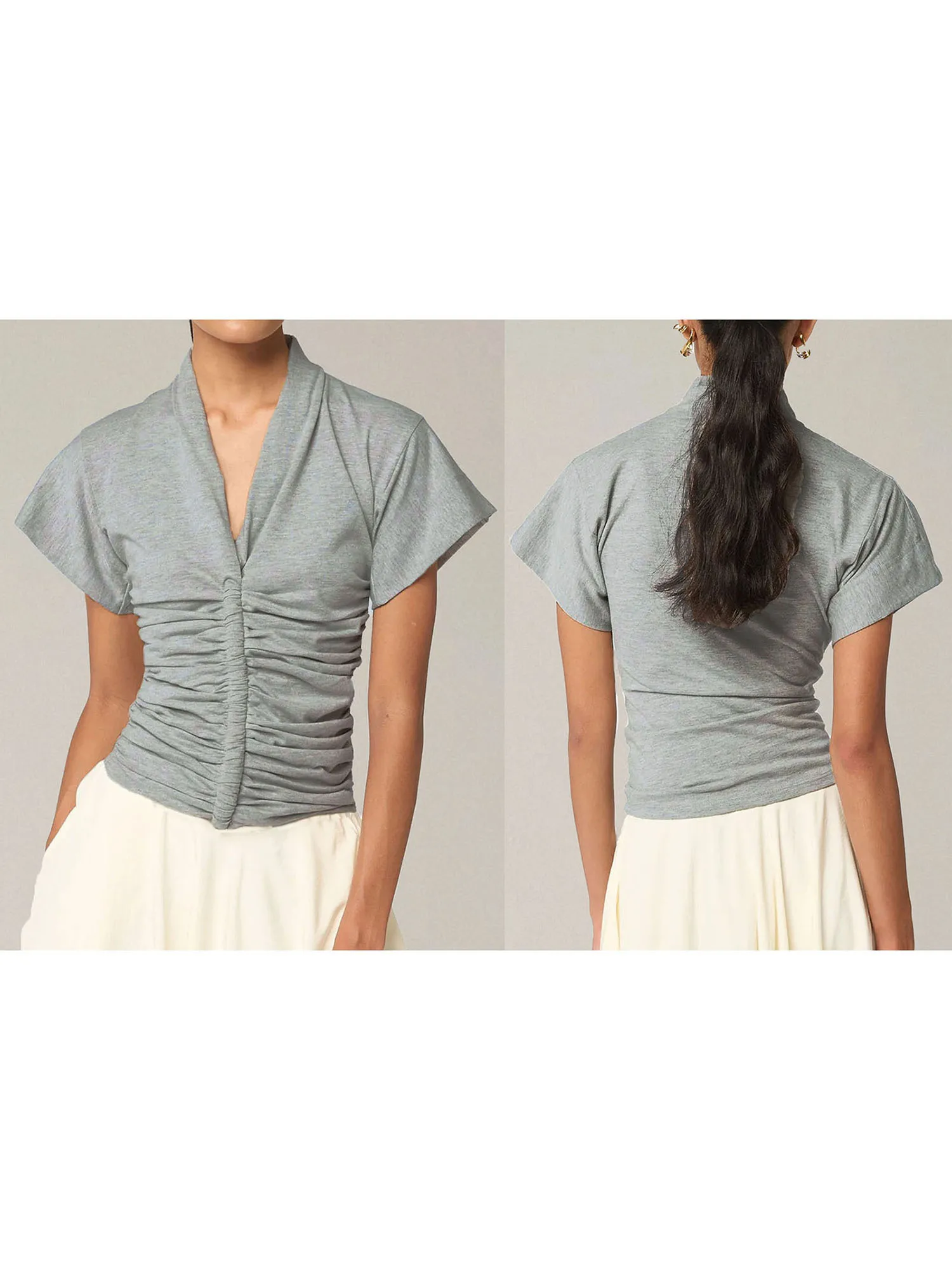 Feminino decote em v manga curta plissado cor sólida ajuste camiseta casual verão topo para diário streetwear moda