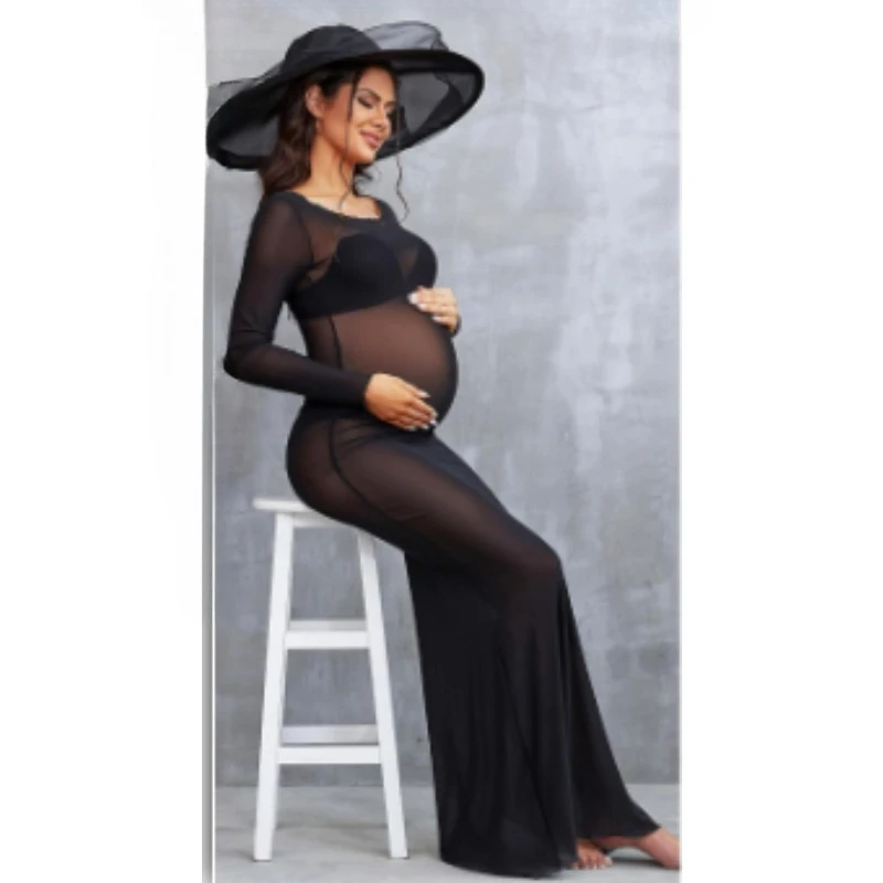 

Maternity Photoshoot Set: Long Sleeve Sheer Mesh Gown with Wide Brim Hat - Complete for Baby Shower & Pregnancy Photo Sessions