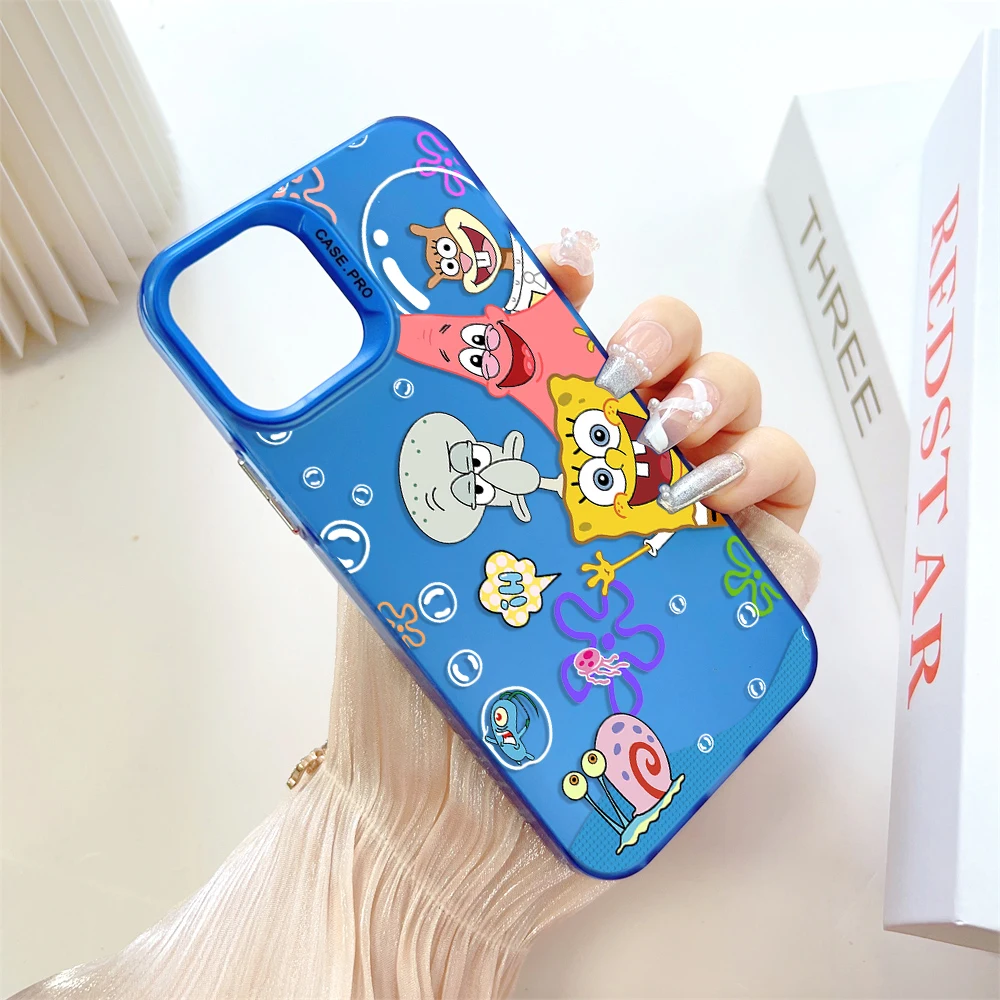 Cartoon Cute SpongeBobs Phone Case for IPhone 13 12 11 15 14 Pro Max Plus Lens Creative Border Silver Plated Inside Hard TPU