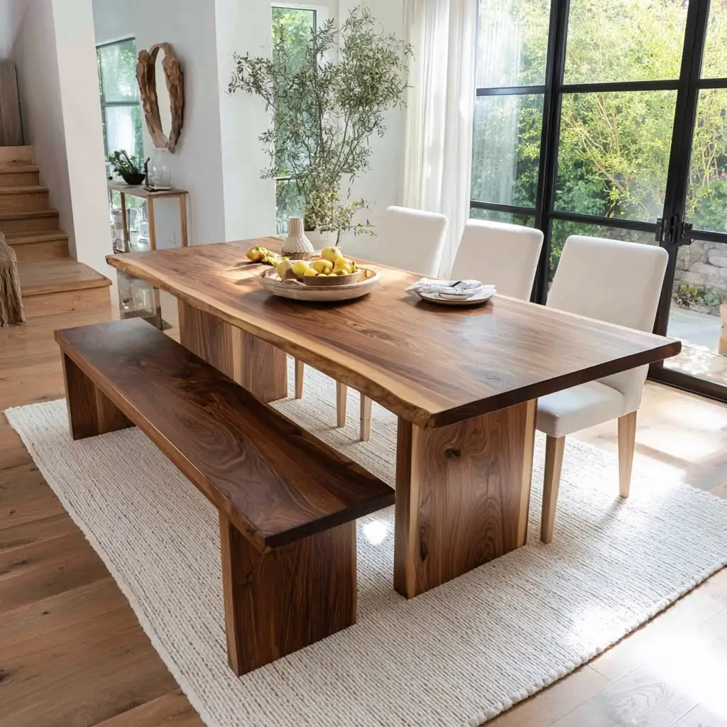 Solid Teak Wood Dining Table Set Live Edge Wooden Table With Bench Modern Rustic Dining Room Furniture