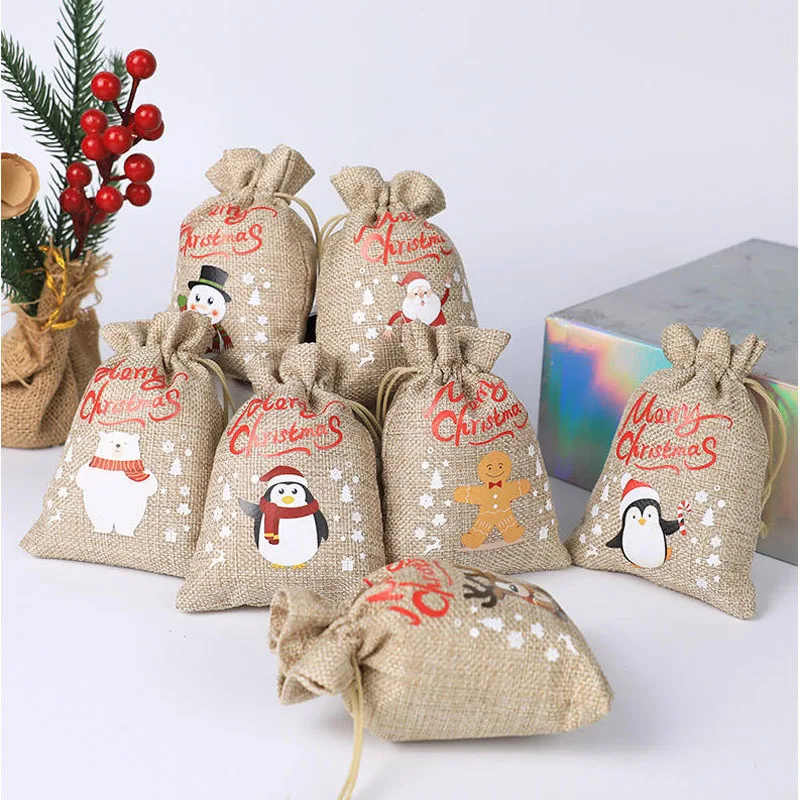 

50pcs/lot 10*15cm Christmas Tree Elk Santa Claus Drawstring Bags Burlap Pouches Christmas Gift Children Candy Packaging Bag