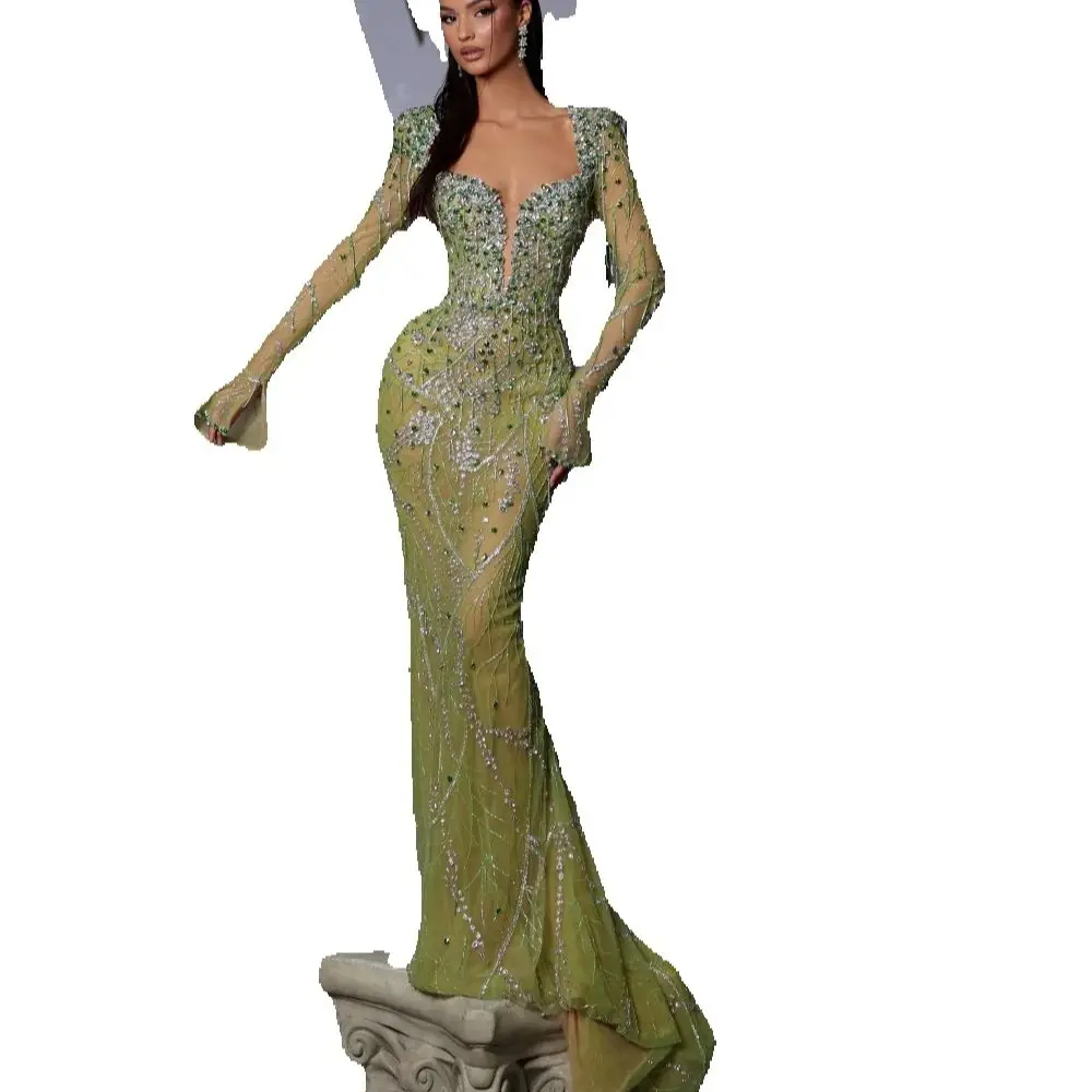 

Charming Sweetheart Evening Dress Romantic Long Sleeve Crystal Beaded Party Gown Elegant A-line Floor Length Party Dresses فساتي