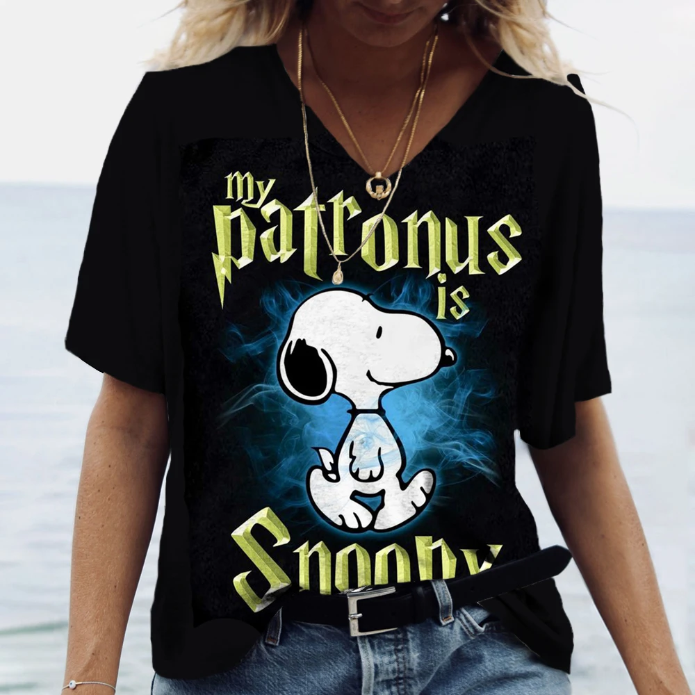 Vintage Snoopy cartoon print Shirt Graphic Print T-shirts Women Short Sleeve V Neck Top Tees Funny Women Tshirt large size