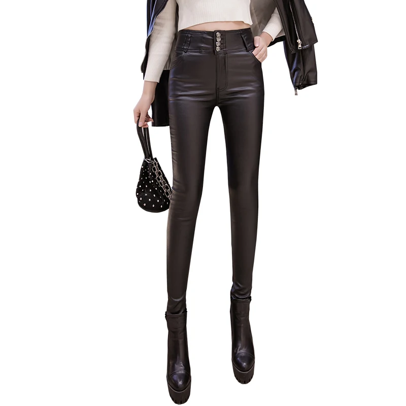 ハイウエスト裏起毛レディースレザーパンツ 2024年新作 ペンシルカットベースレイヤーパンツ 秋冬アウター