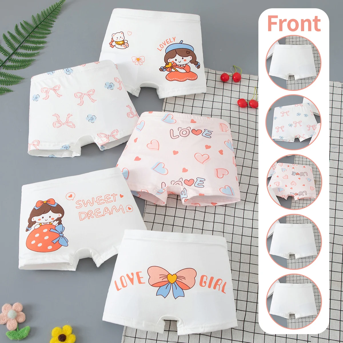 Conjunto de 5 piezas de ropa interior dulce y linda con estampado de mariposas para niñas, cómodos shorts deportivos tipo bóxer con cintura elástica y pantalones cortos de seguridad.