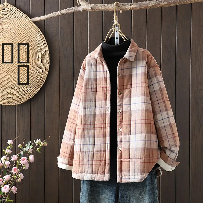 

Thiened Cotton irt Women's Plaid Long Sve Coat Regular Length Button Closure Commute Sle Autumn Winter New Arrival