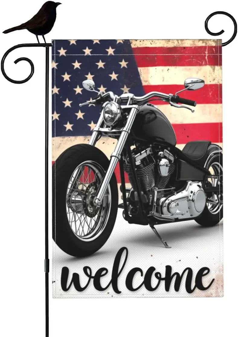 Mugod Motorcycle with American Flag Burlap Garden Flags 12.5x18