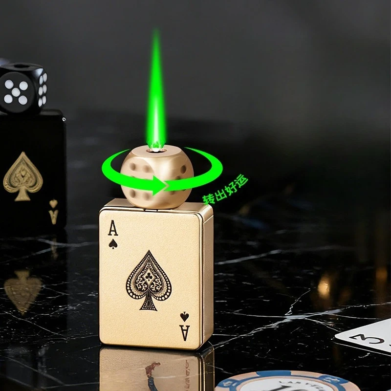 New Rotating Dice Playing Cards Green Flame Inflatable Lighter Men's Cigarette Lighter Gadget