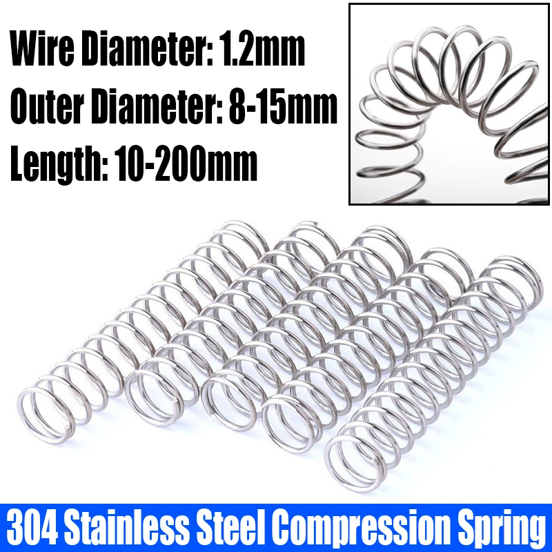 1-10PC 1.2mm Wire Diameter Compression Spring 304 Stainless Steel Pressure Spring Return Spring 8-15mm Outside Diameter L=10-200