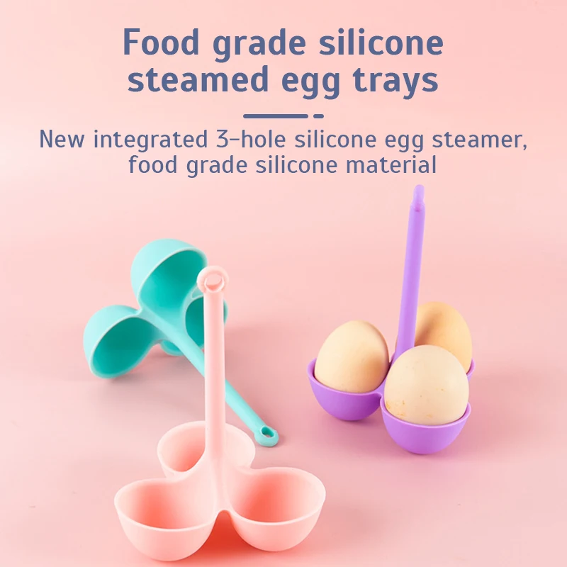 

Silicone Steamed Egg Tray Heat Resistant Egg Cooker Steamer with Long Handle Anti-scald for Boiled Eggs Kitchen Kits 3 Cavities