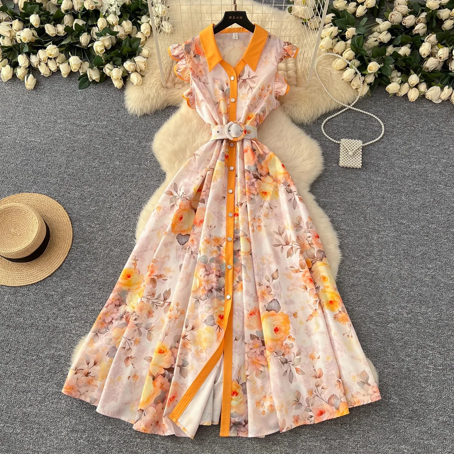 Summer Runway Gorgeous Bohemian Maxi Dress Women Clothing Flying Sleeve Single Breasted Floral Print Long Robe Party Vestidos