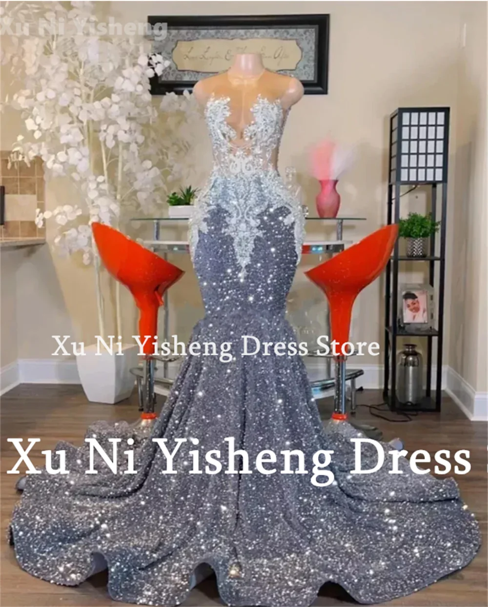 Xu Ni Yisheng Unique Evening Dress Luxury Beads Appliques Mermaid Sparkly Sequin Prom dress New Cocktail Dress Women Party Dress