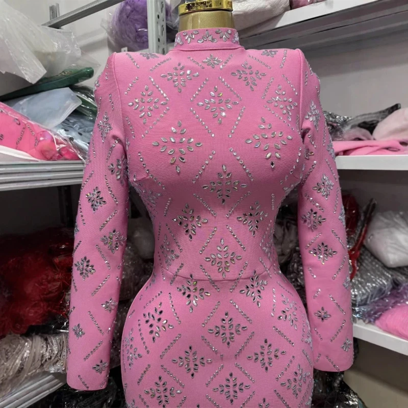 فستان نسائي أنيق مطرز بحجر الراين برقبة عالية وأكمام طويلة ملابس ضيقة للمشاهير فساتين الحفلات المسائية