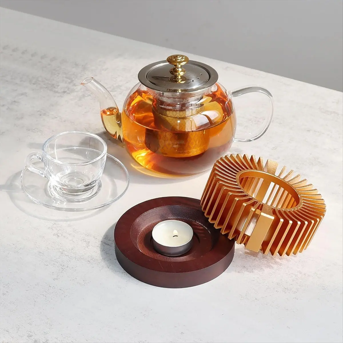 N14R Top Teapot Warmer, Aluminum Alloy & Wood Tea Warmer, for Heating Tea, Coffee, Milk, Food Indoors and Outdoors Small